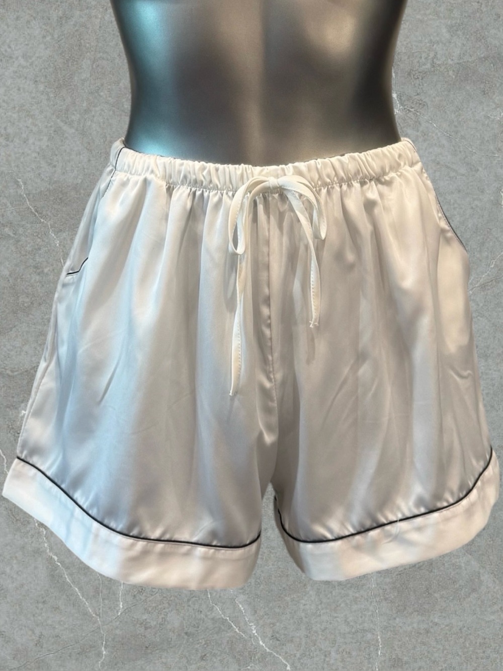 Free | High-Waist White Satin Lounge Shorts with Contrast Piping